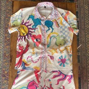Colorful Print Matching Set | Art Button Down Shirt & Pants | Resort  Outfit M